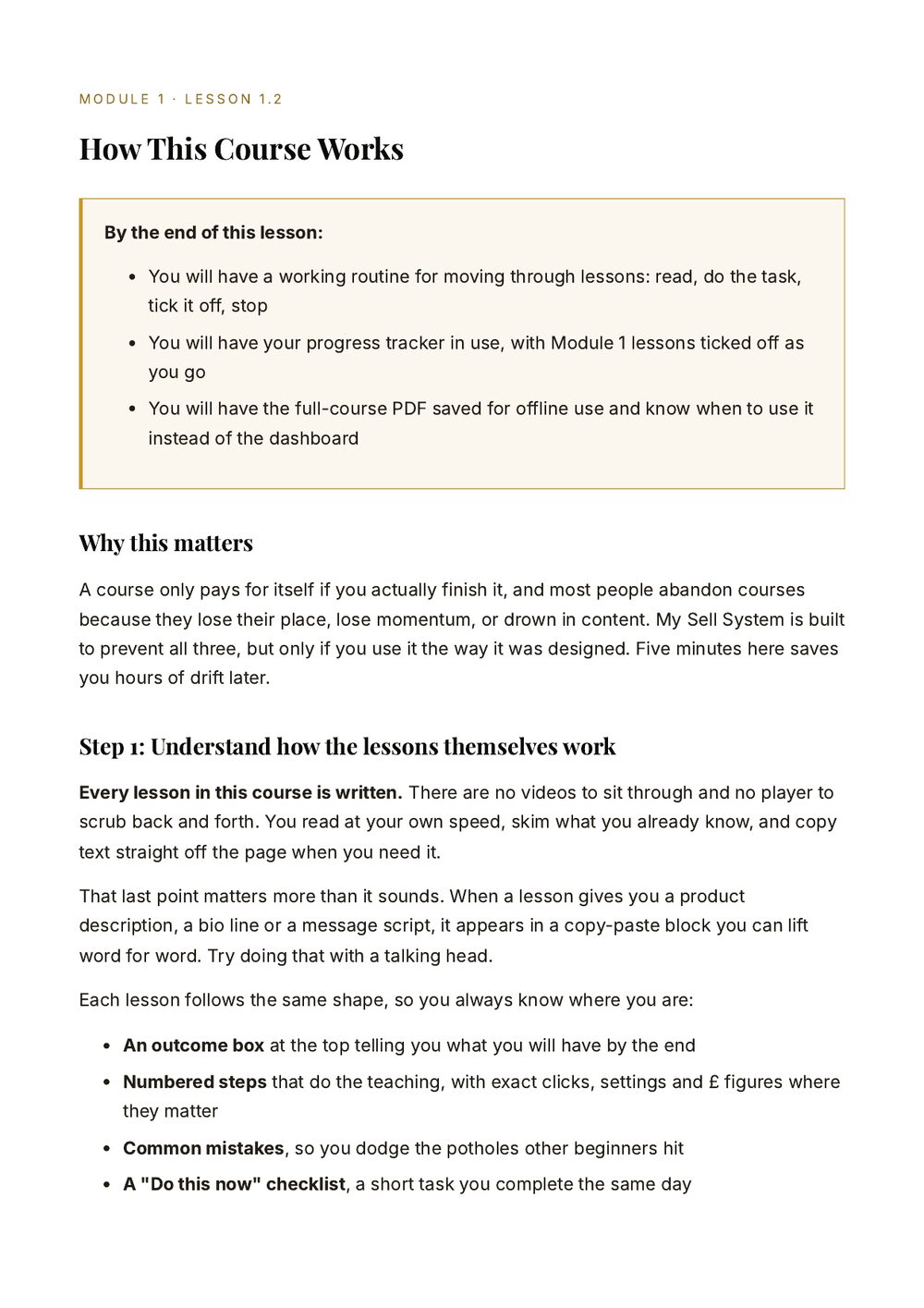 Inside My Sell System: a Module 1 lesson showing how the course works