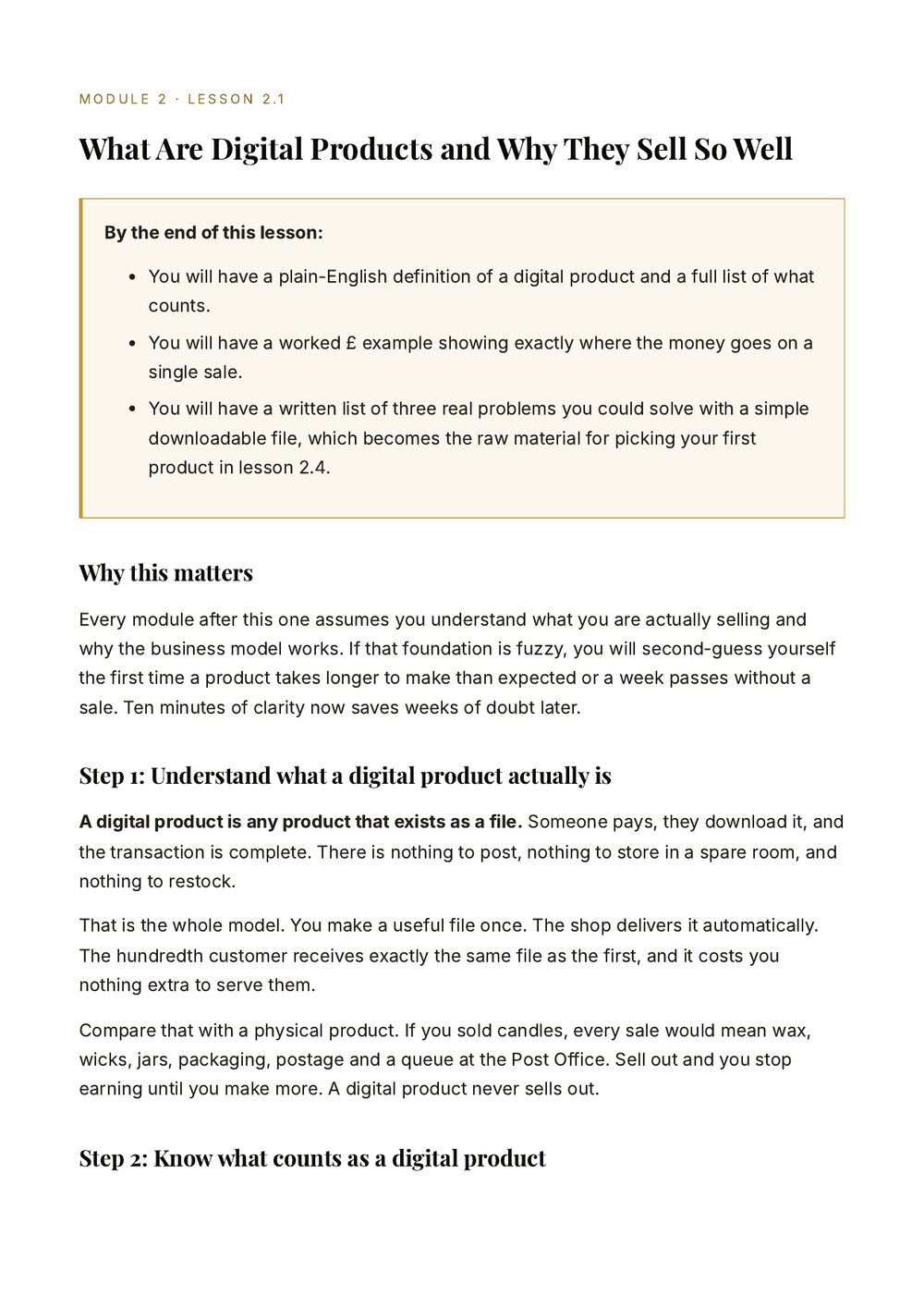 Inside My Sell System: a Module 2 lesson explaining digital products with a worked pound example